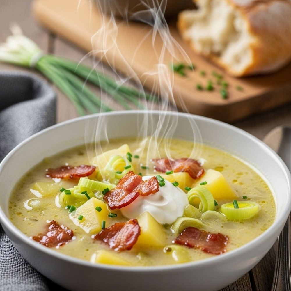Deftige Kartoffel-Lauch-Suppe mit Speck