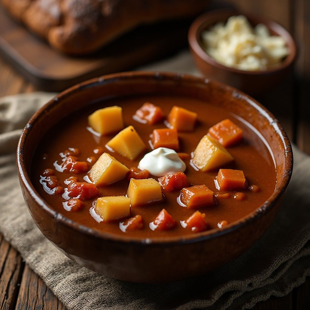 Deftiger Gulasch mit Kartoffelwürfeln