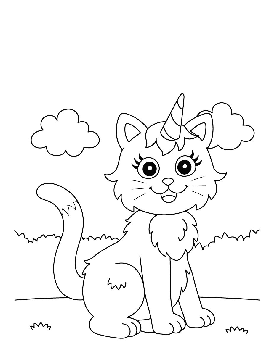 Ausmalbild: Einhorn-Katze auf der Wiese, Umrisszeichnung zum Ausmalen