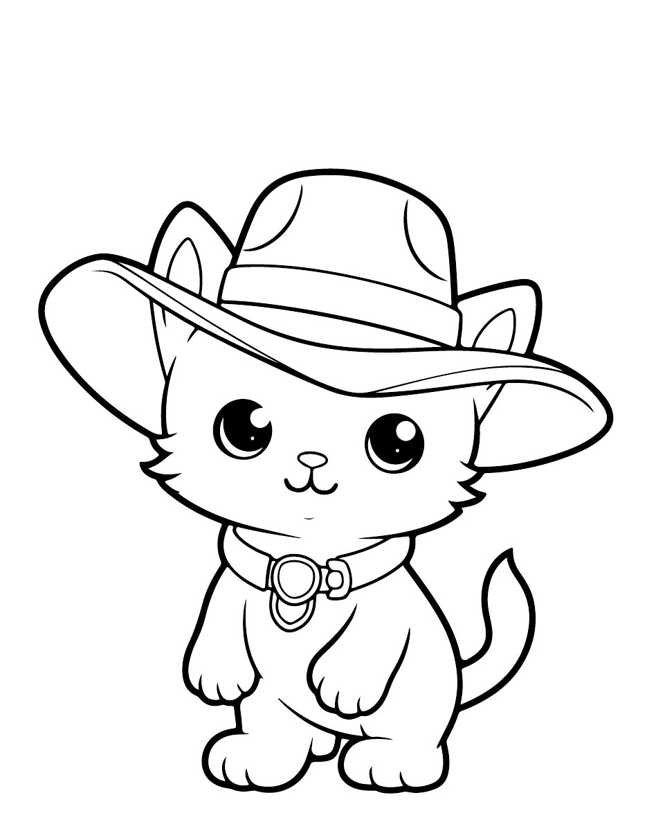 Ausmalbild: Katze mit Cowboyhut, Umrisszeichnung zum Ausmalen