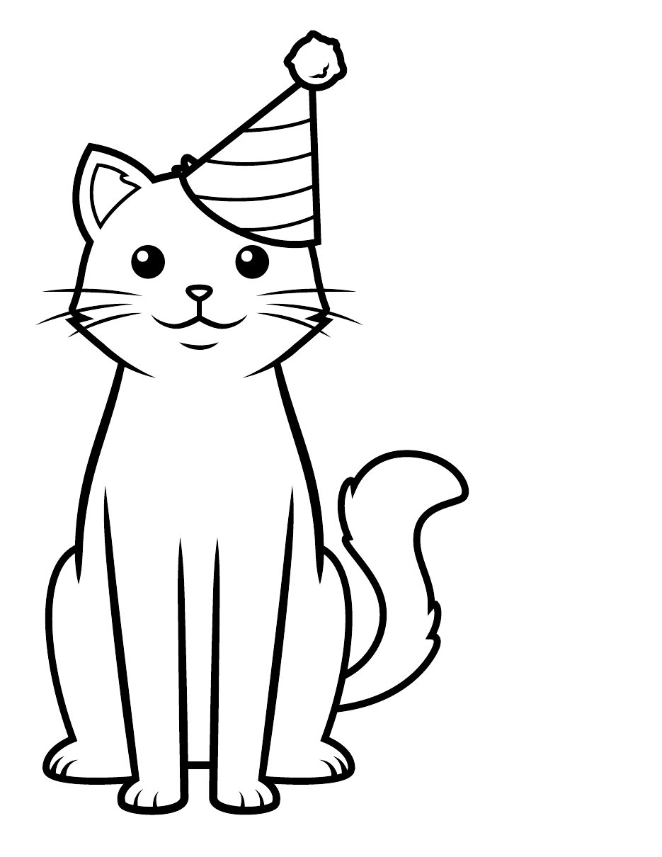 Ausmalbild: Katze mit Partyhut, Umrisszeichnung zum Ausmalen
