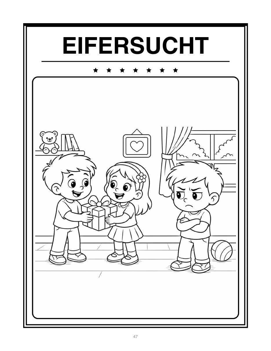 Ausmalbild zum Gefühl Eifersucht, Kind in Umrisszeichnung zum Ausmalen