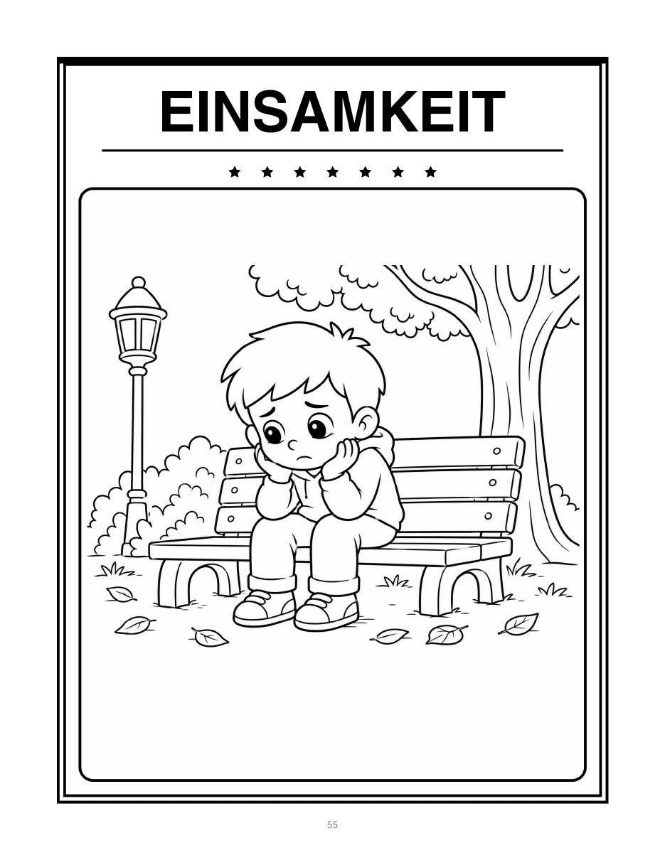 Ausmalbild zum Gefühl Einsamkeit, Kind in Umrisszeichnung zum Ausmalen