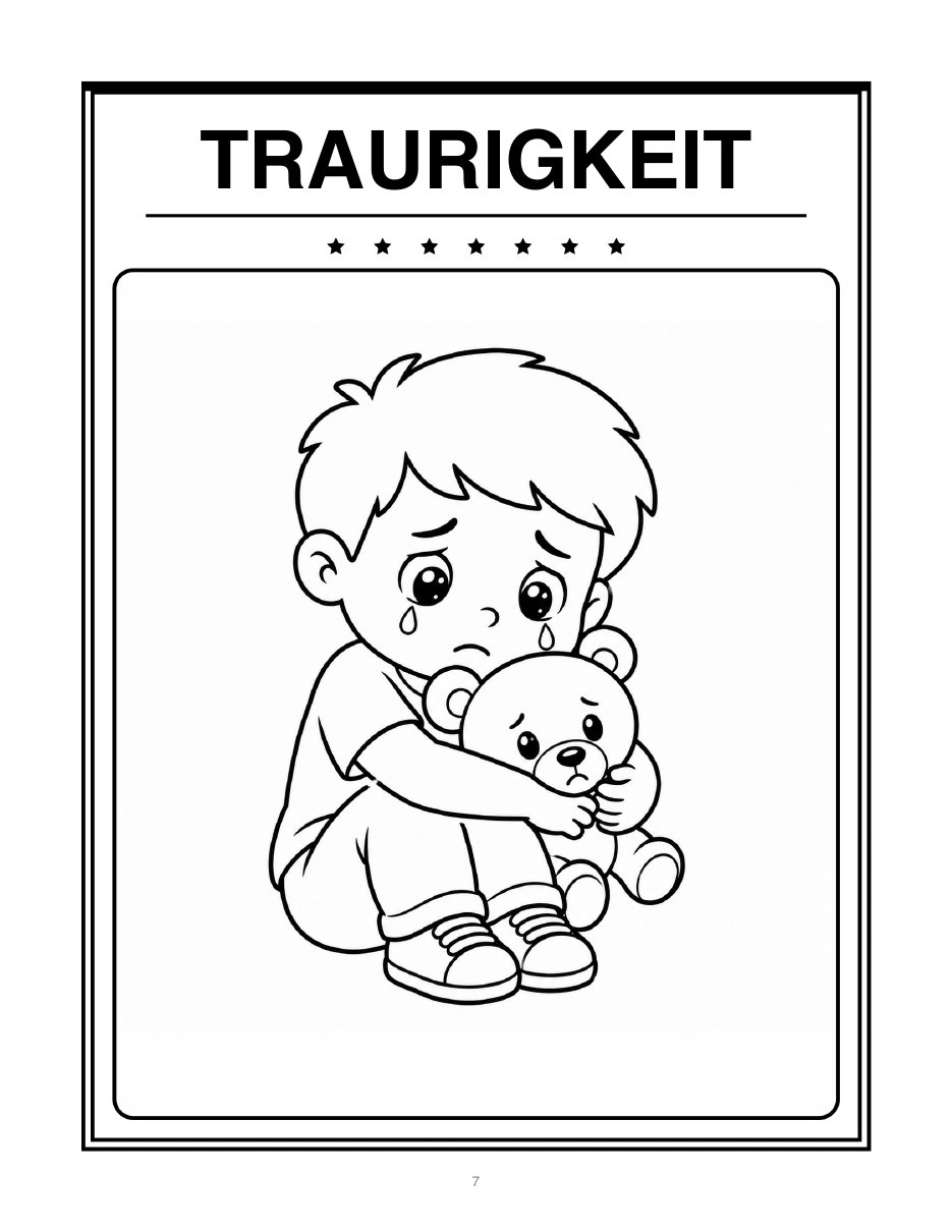 Ausmalbild zum Gefühl Traurigkeit, Kind in Umrisszeichnung zum Ausmalen
