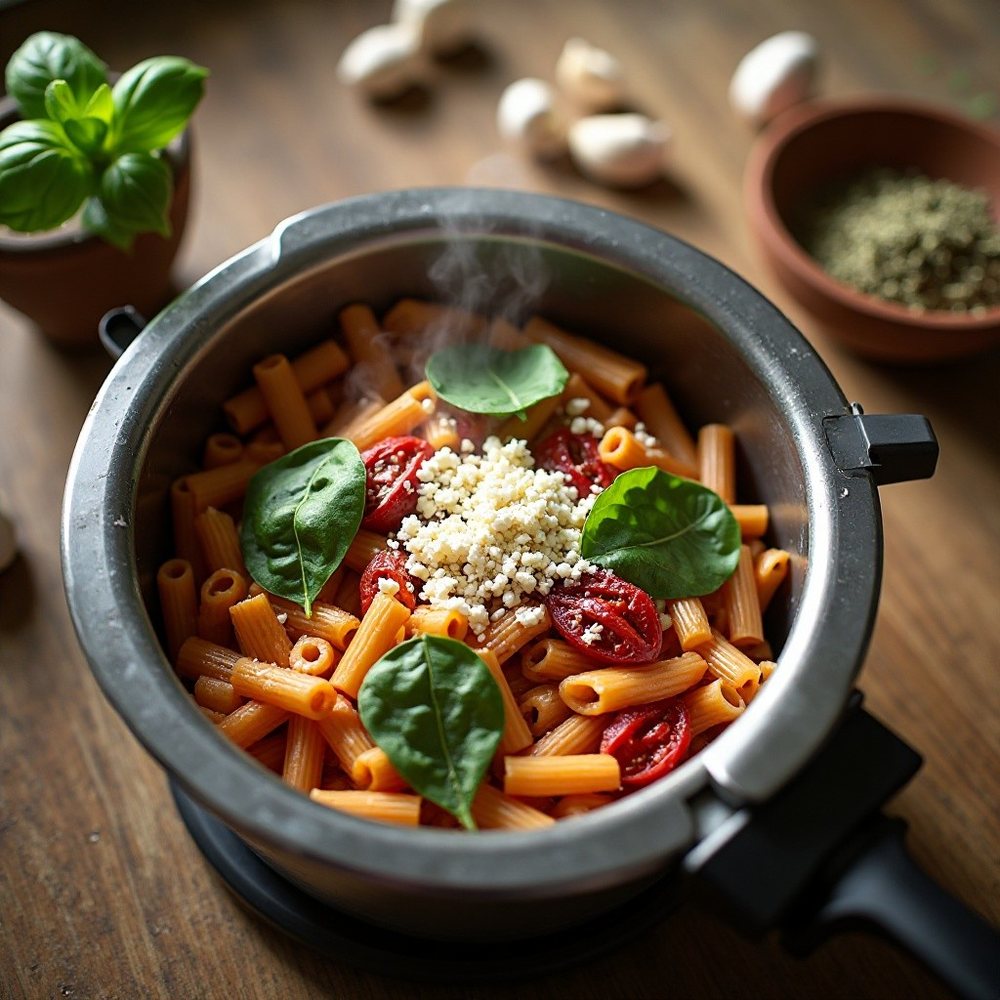 One-Pot-Pasta mit sonnengetrockneten Tomaten und Babyspinat