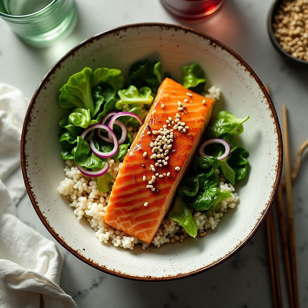 Teriyaki-Lachs mit Reis und Pak Choi